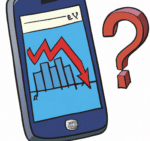 A mobile phone with a financial chart showing loss and a question mark