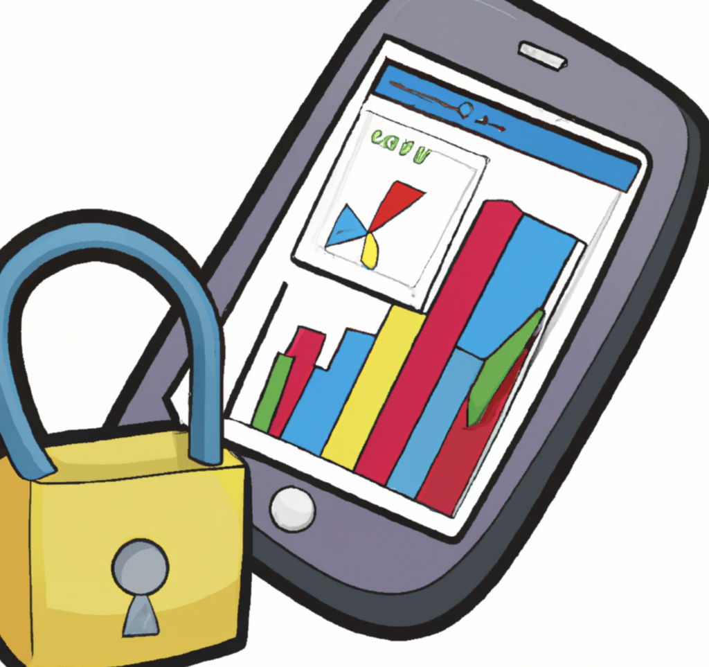 a smartphone with a financial chart on its screen and a padlock next to it