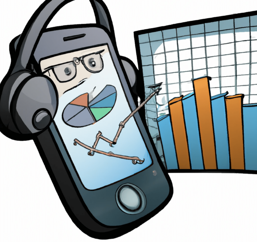Mobile phone with a financial chart and a customer support headset