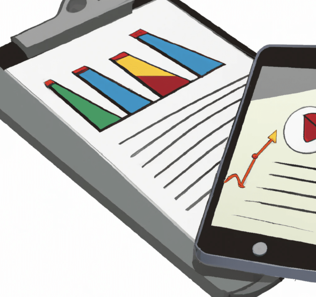 A mobile phone showing a financial chart and a clipboard next to it