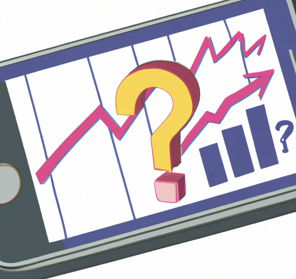 A mobile phone with a financial chart and a question mark on it.