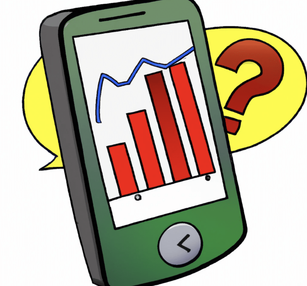 Mobile phone with financial chart and question mark