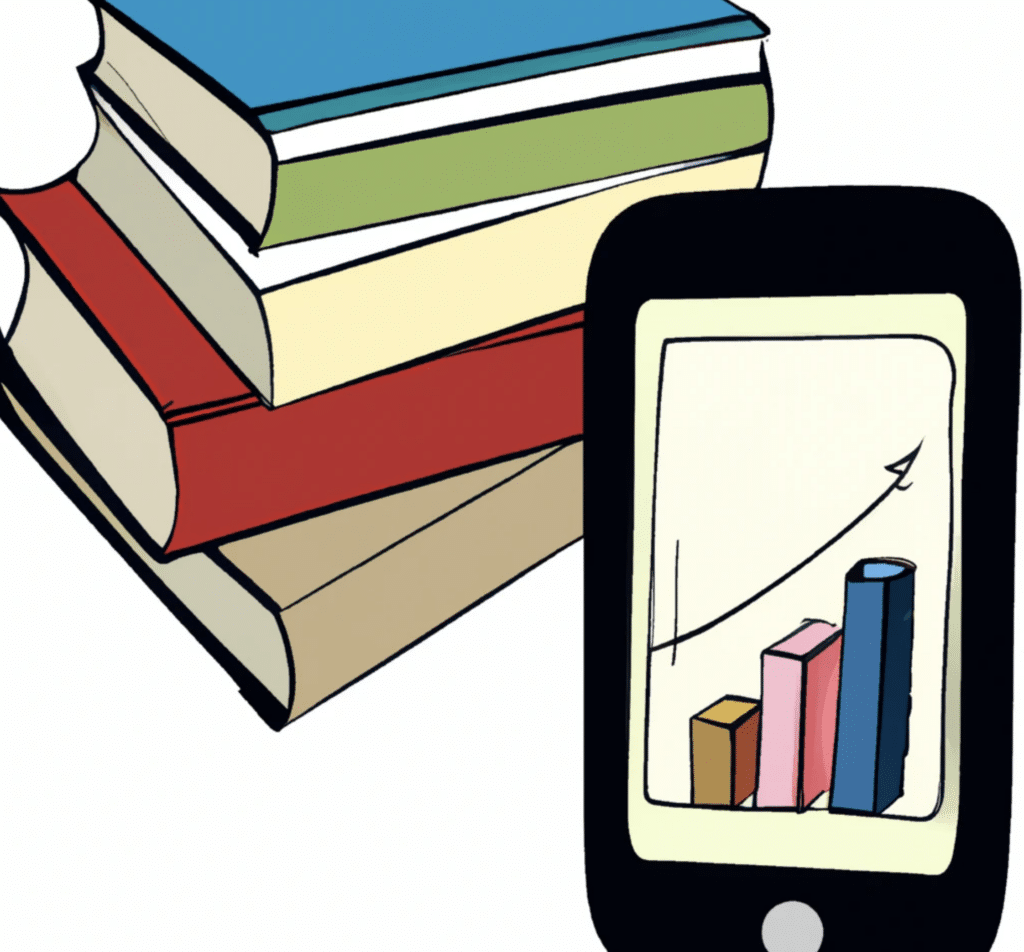 Mobile phone with a financial chart and a stack of books