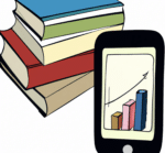 Mobile phone with a financial chart and stack of books