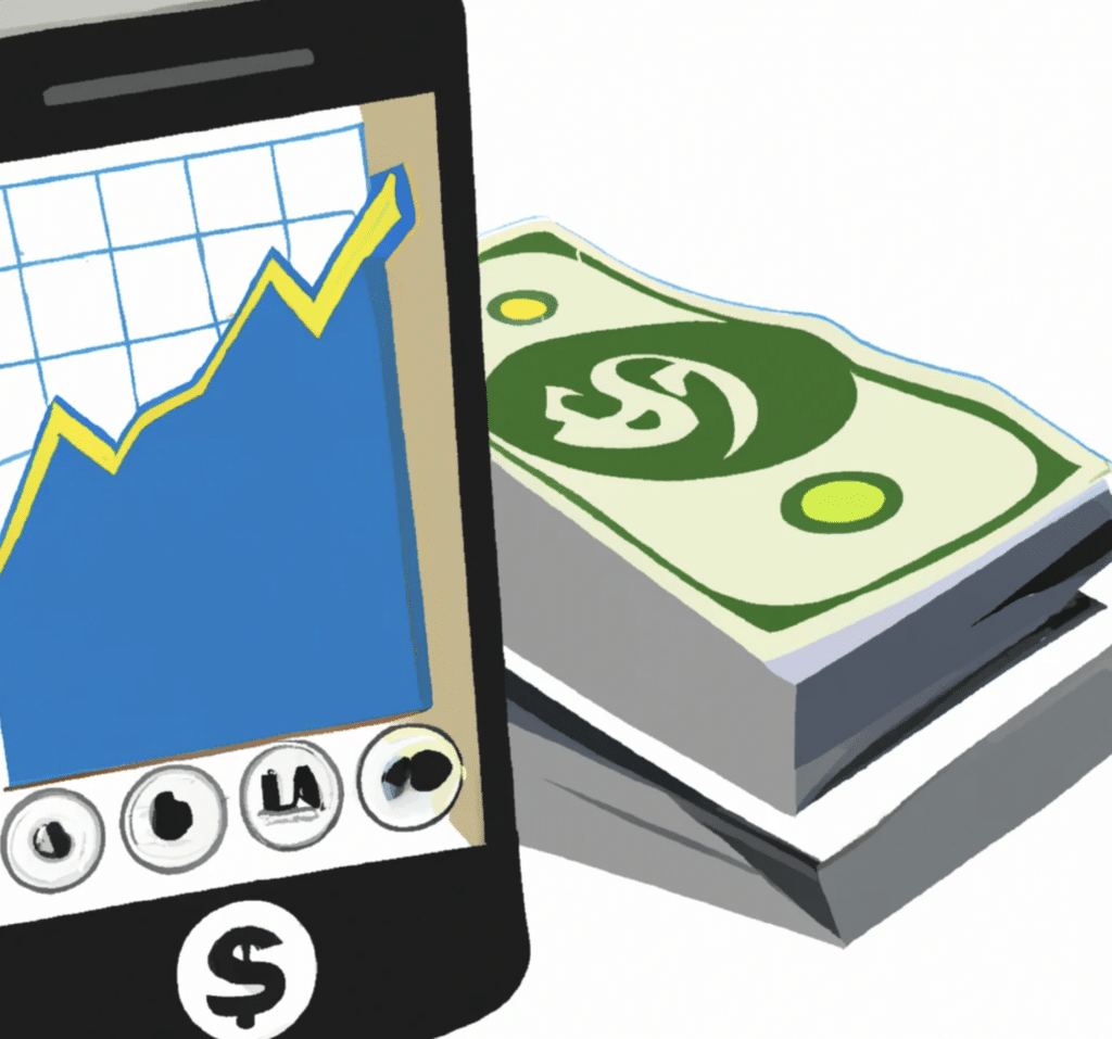 Mobile phone with financial chart and stack of money next to it