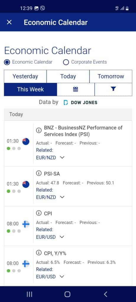 Plus500 Mobile App Economic Calendar