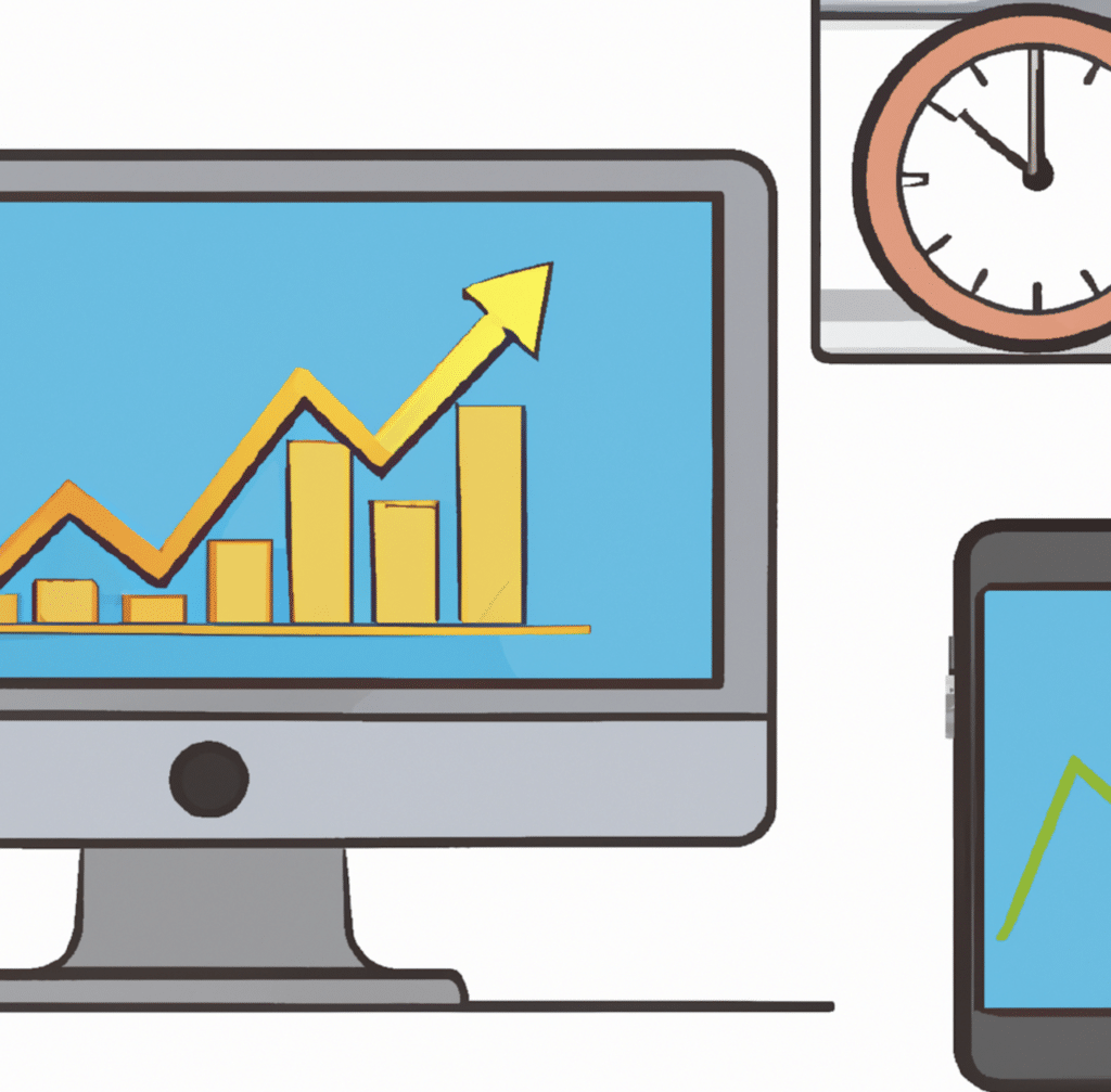 a smartphone and desktop computer with financial chart on their screen and a clock