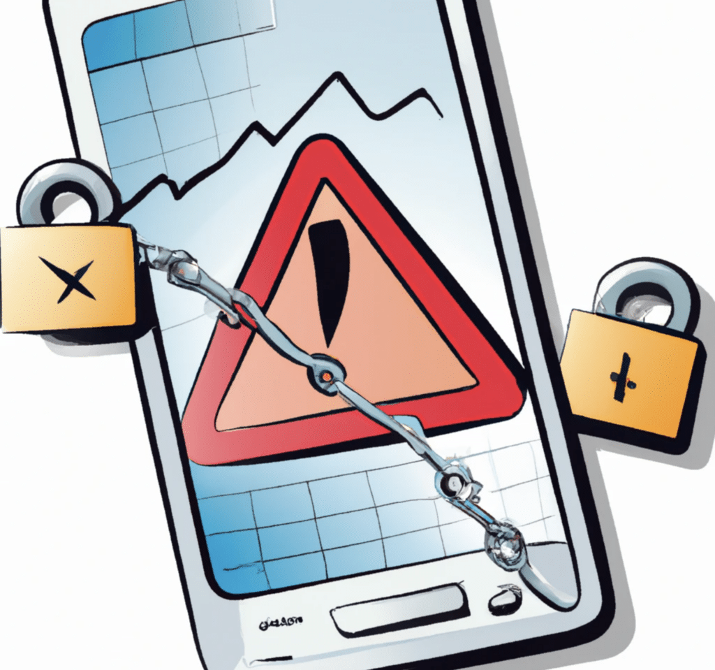 a smartphone with a financial chart on its screen and a padlock and a warning sign next to it
