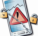 a smartphone with a financial chart on its screen and a padlock and a warning sign next to it