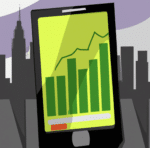 a smartphone with a skyline behind it and a financial chart on its screen