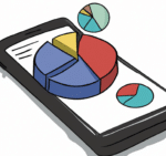 a smartphone with pie charts coming out of the screen