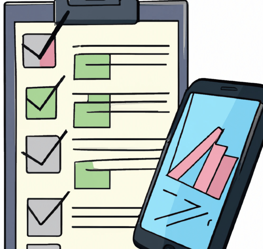 A mobile phone with a financial chart on the screen and a checklist next to it