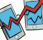two mobile phones with a financial chart showing profit